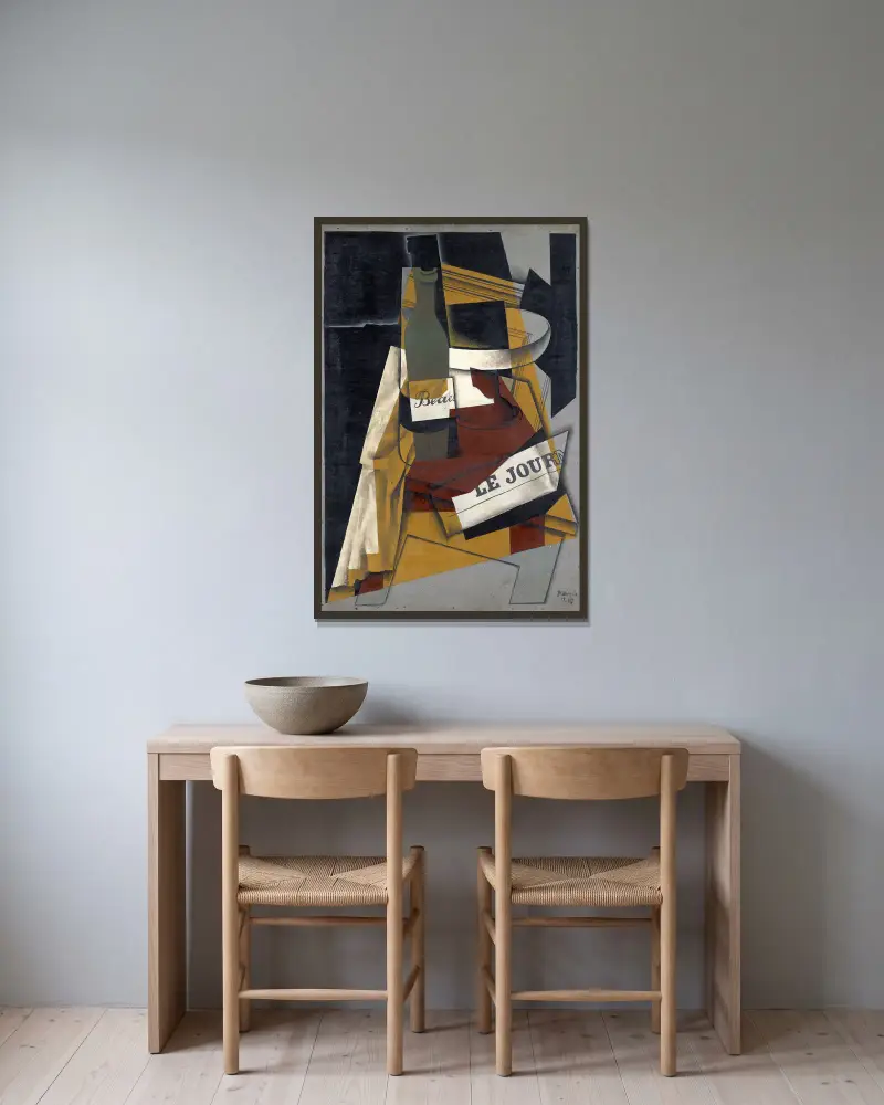 Láhev a ovocná mísa, Juan Gris v rámu na stěně