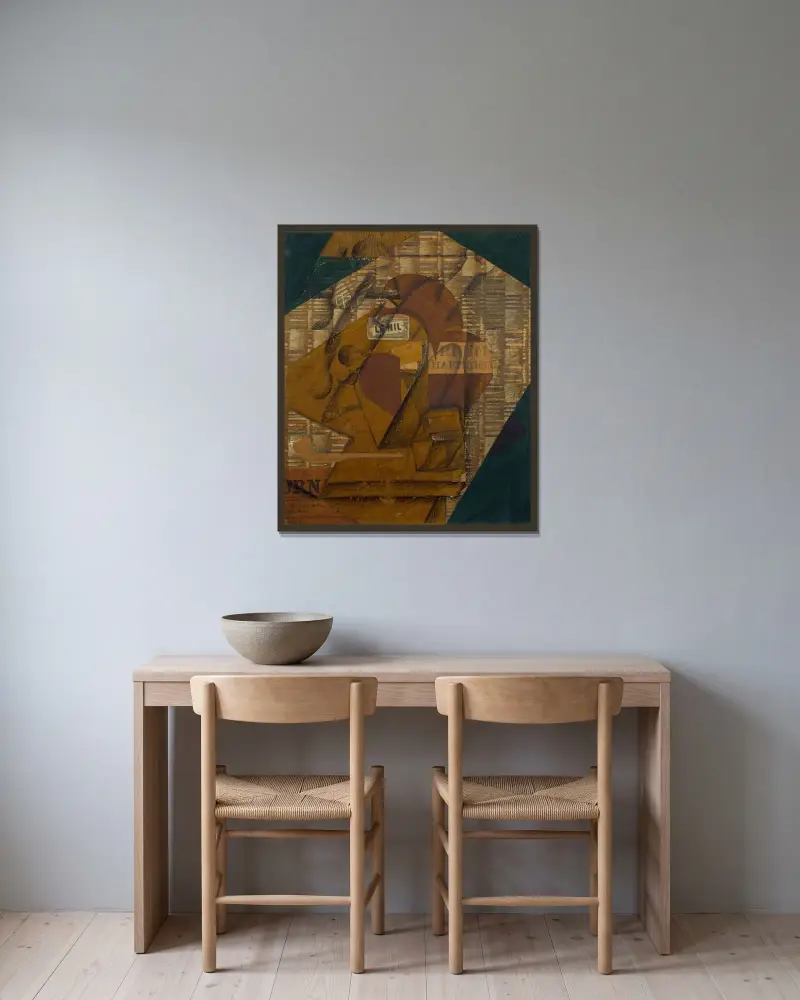 Flaska rom och tidning av Juan Gris inramad på en vägg