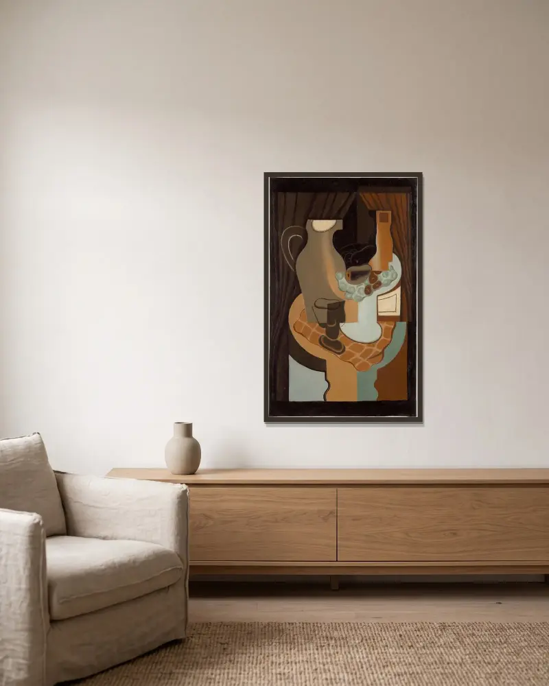 Kanna och fruktskål av Juan Gris inramad på en vägg