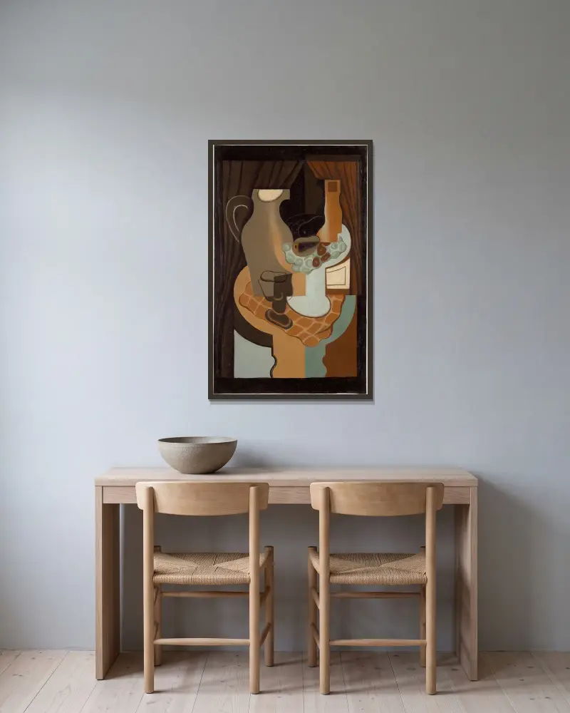 Kanna och fruktskål av Juan Gris inramad på en vägg