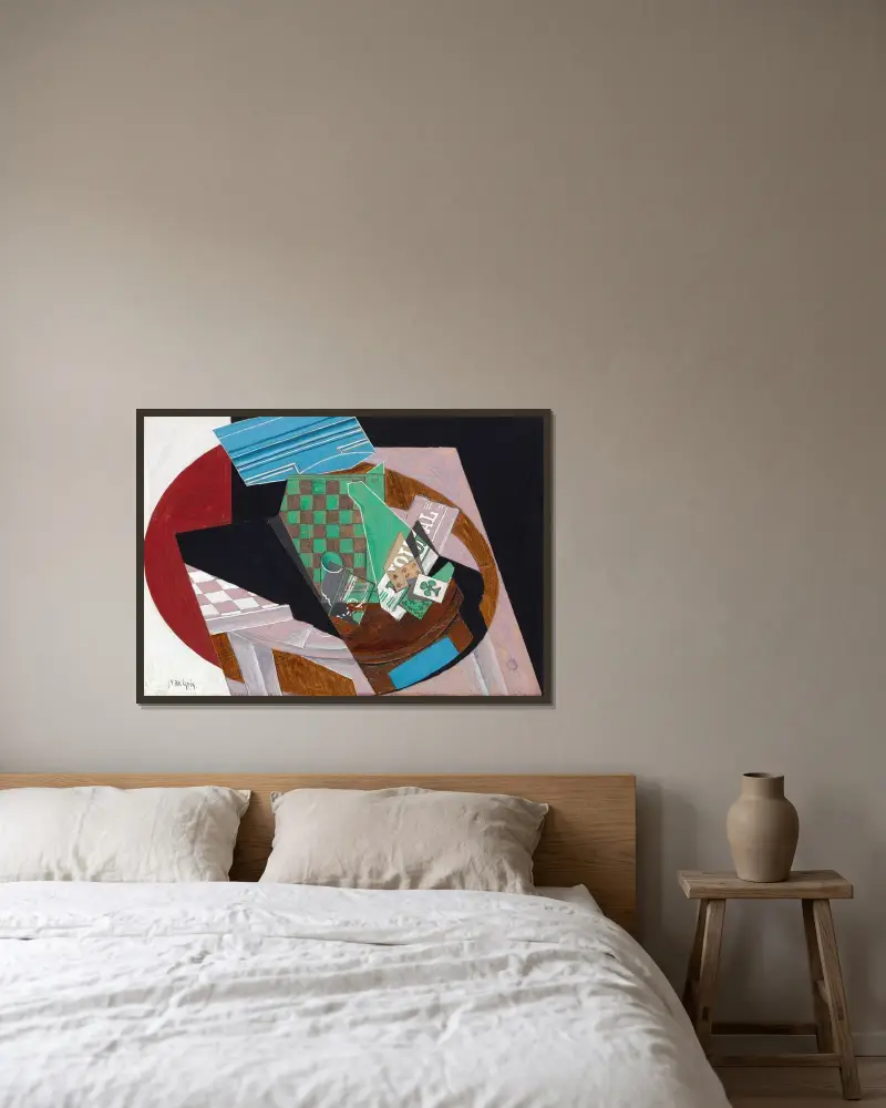 Schackbräde och spelkort av Juan Gris inramad på en vägg