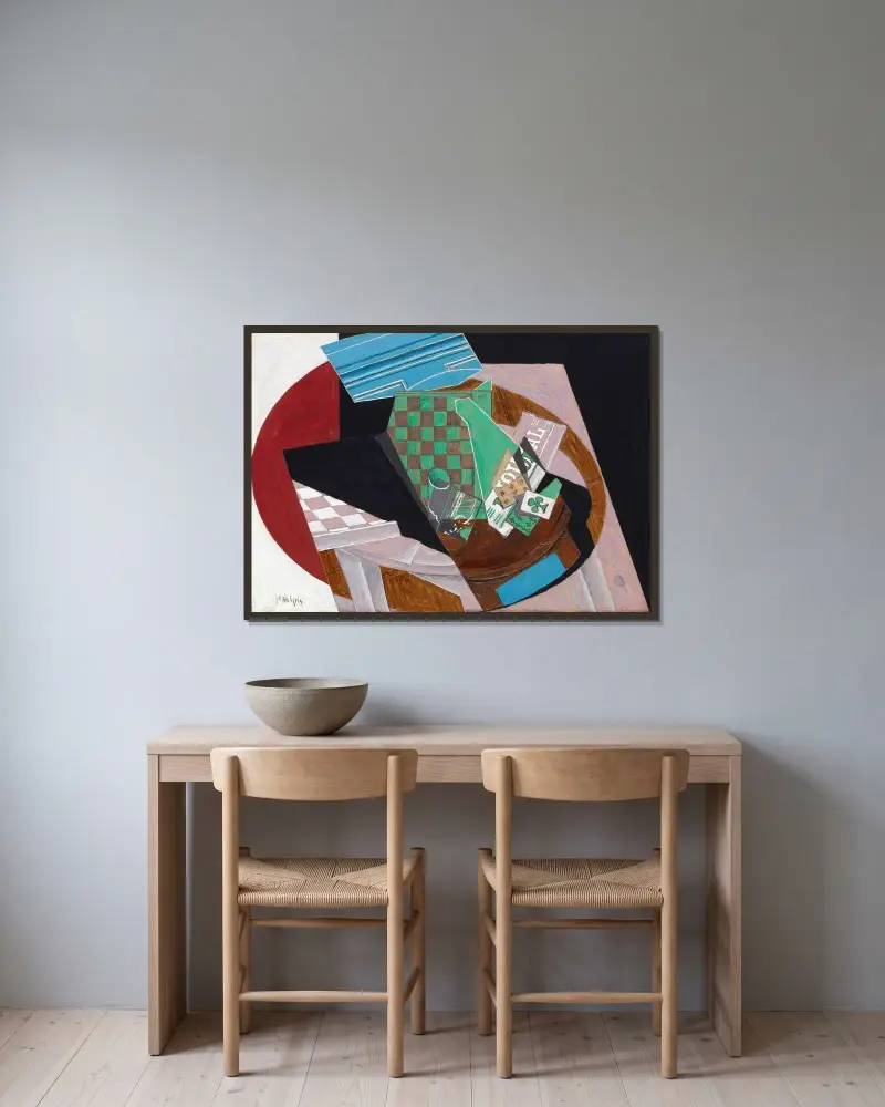 Schackbräde och spelkort av Juan Gris inramad på en vägg