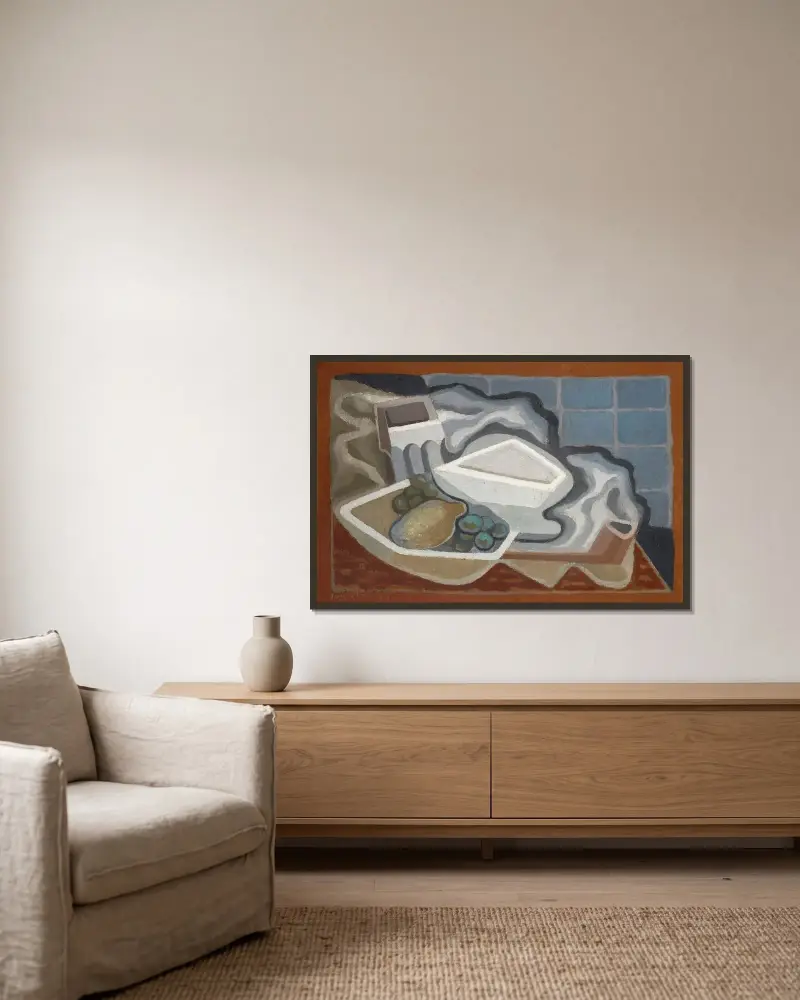 Zitrone und Traube von Juan Gris gerahmt an einer Wand