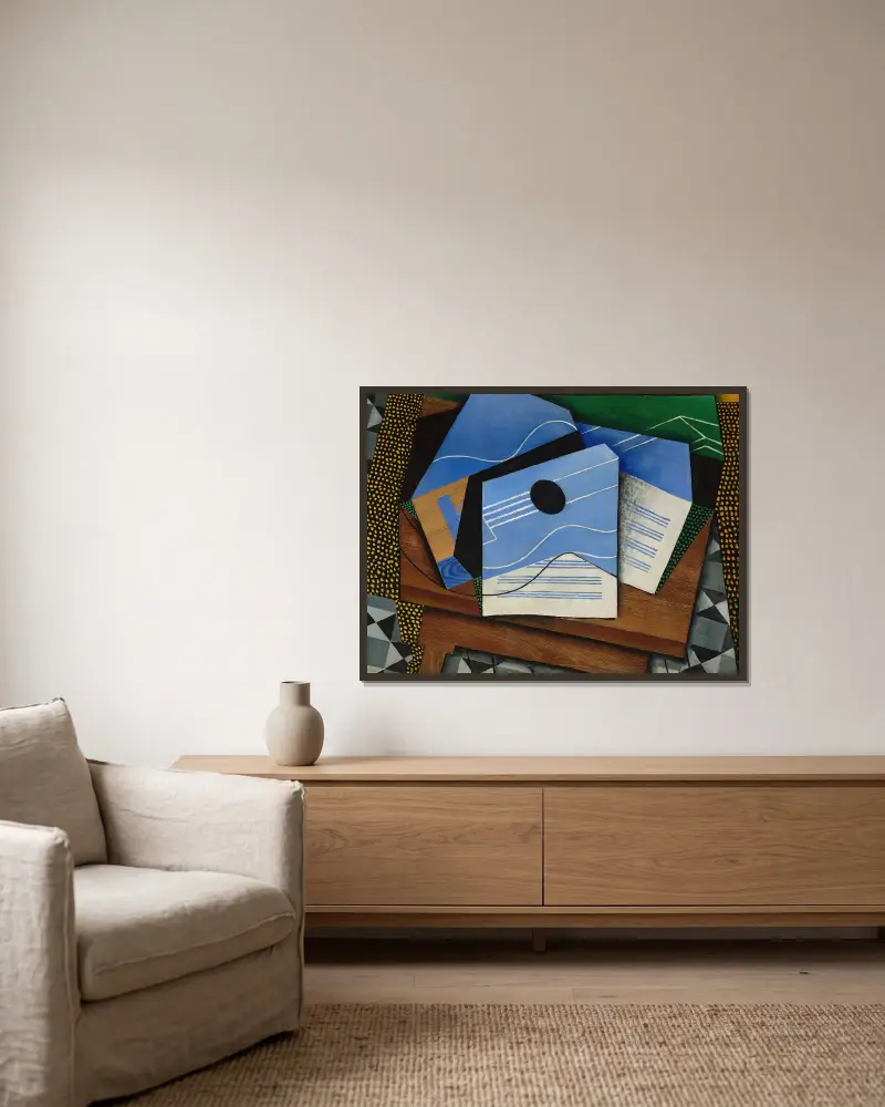 Kytara na stole, Juan Gris v rámu na stěně