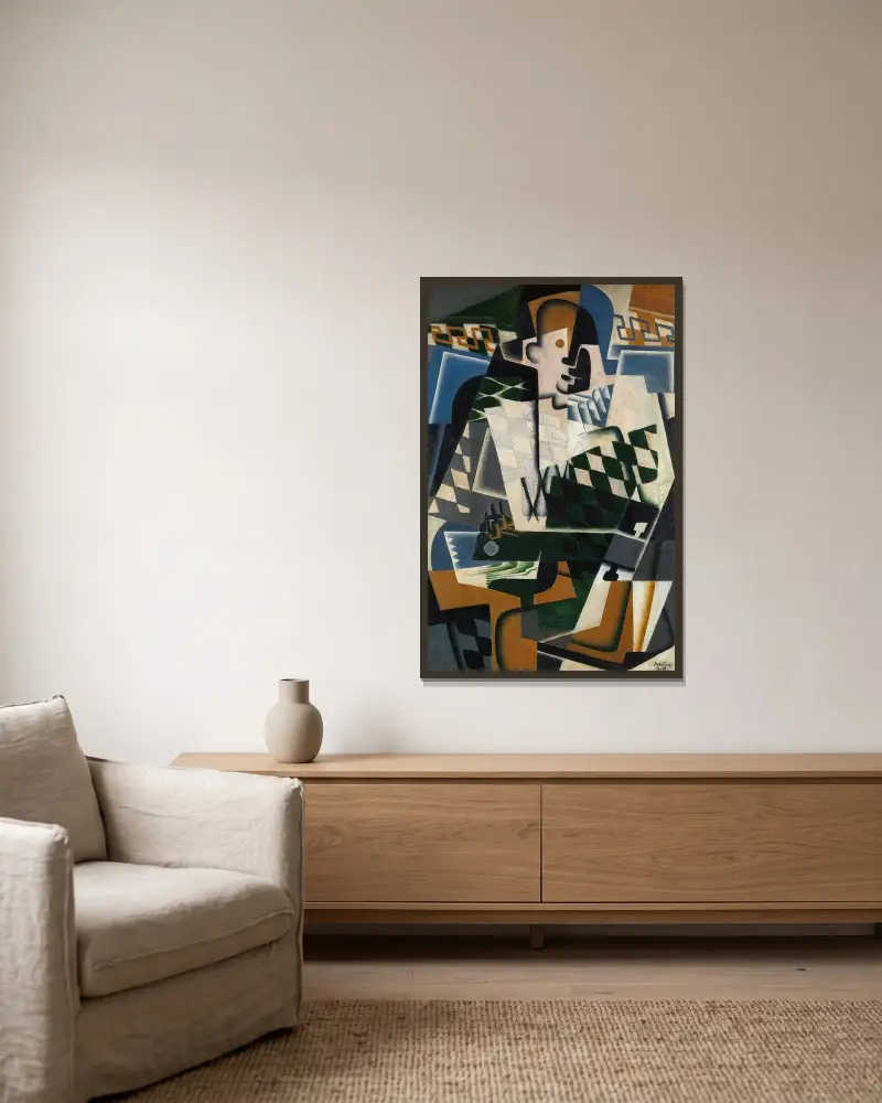 Harlekin med gitarr av Juan Gris inramad på en vägg