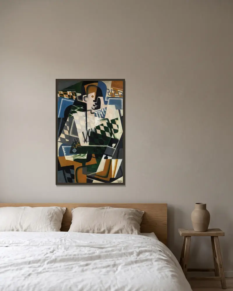 Harlekin med gitarr av Juan Gris inramad på en vägg