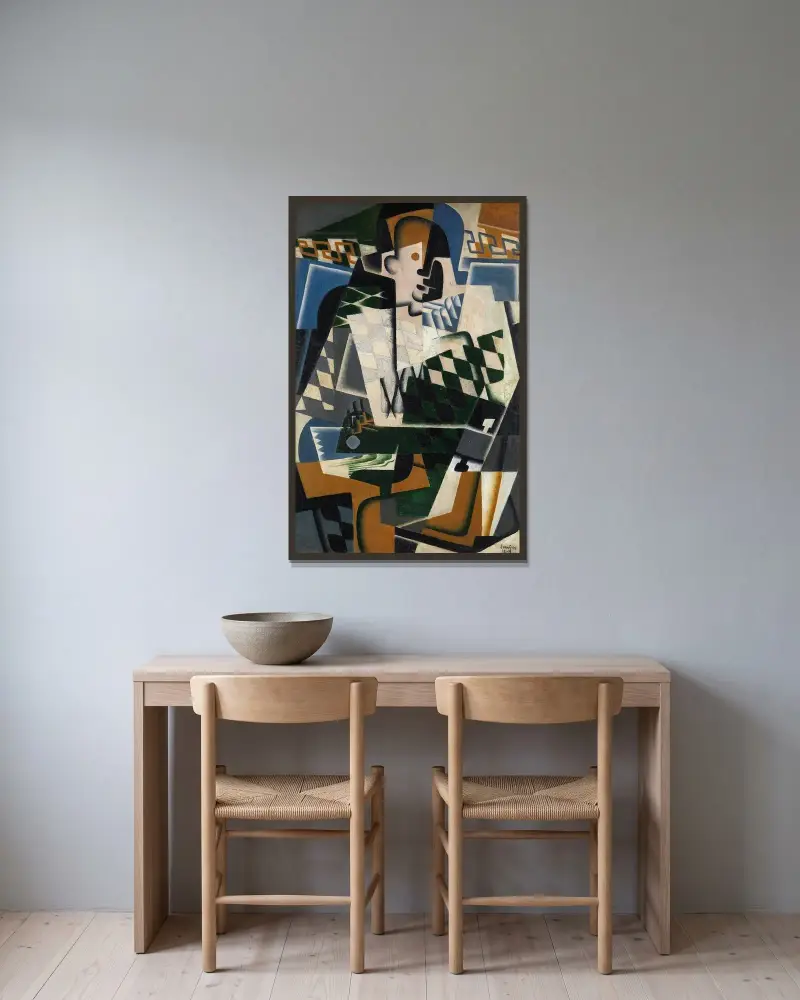 Harlekin med gitarr av Juan Gris inramad på en vägg