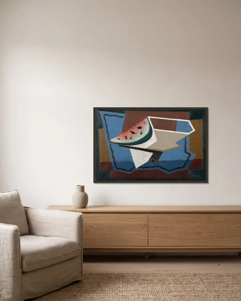 Vattenmelonskivan av Juan Gris inramad på en vägg