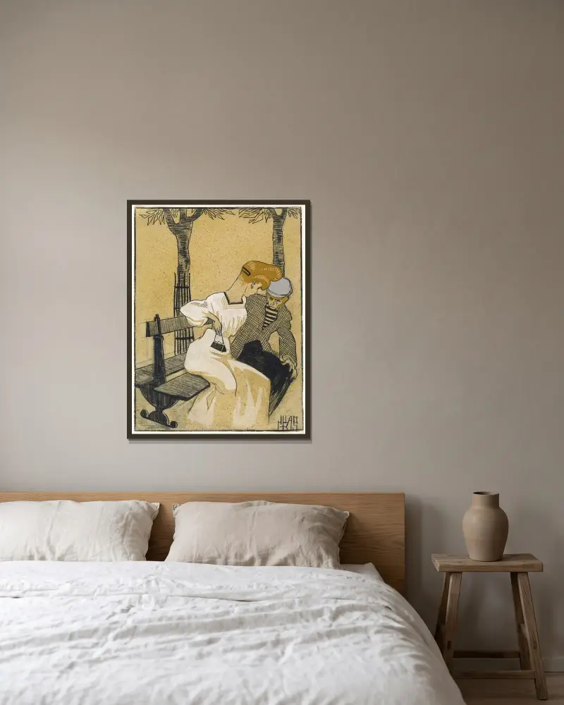 Man och kvinna på bänk av Juan Gris inramad på en vägg