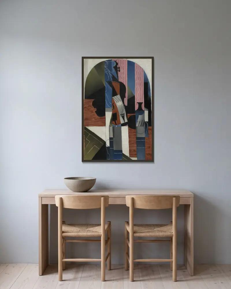 Stilleben (fiol och bläckhorn) av Juan Gris inramad på en vägg