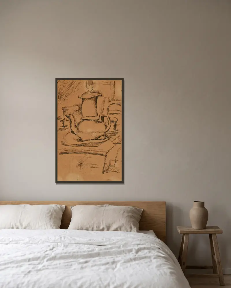 Stilleben med kaffekanna av Juan Gris inramad på en vägg