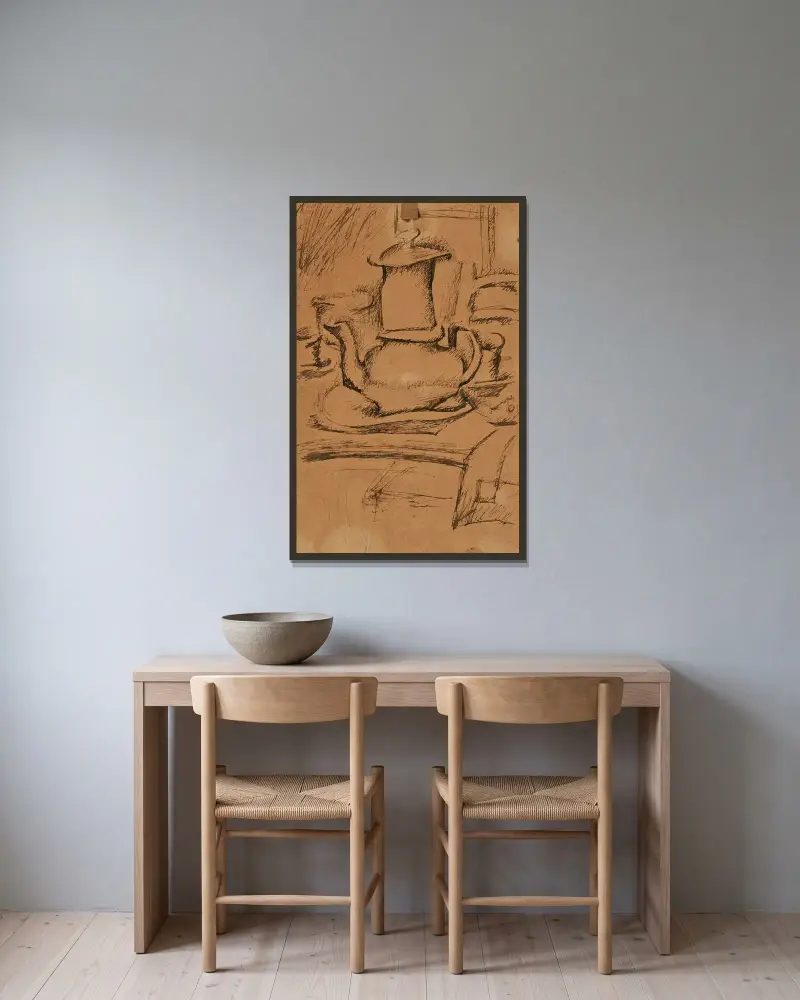 Stilleben med kaffekanna av Juan Gris inramad på en vägg