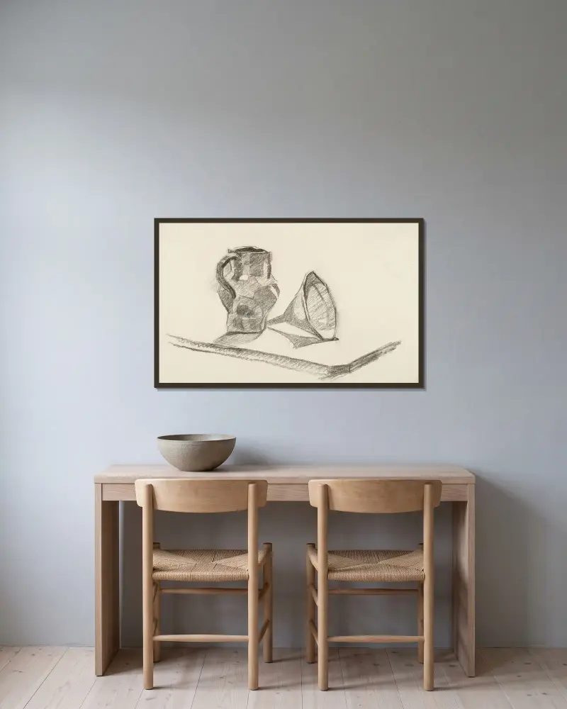 Stilleben med kruka och tratt av Juan Gris inramad på en vägg
