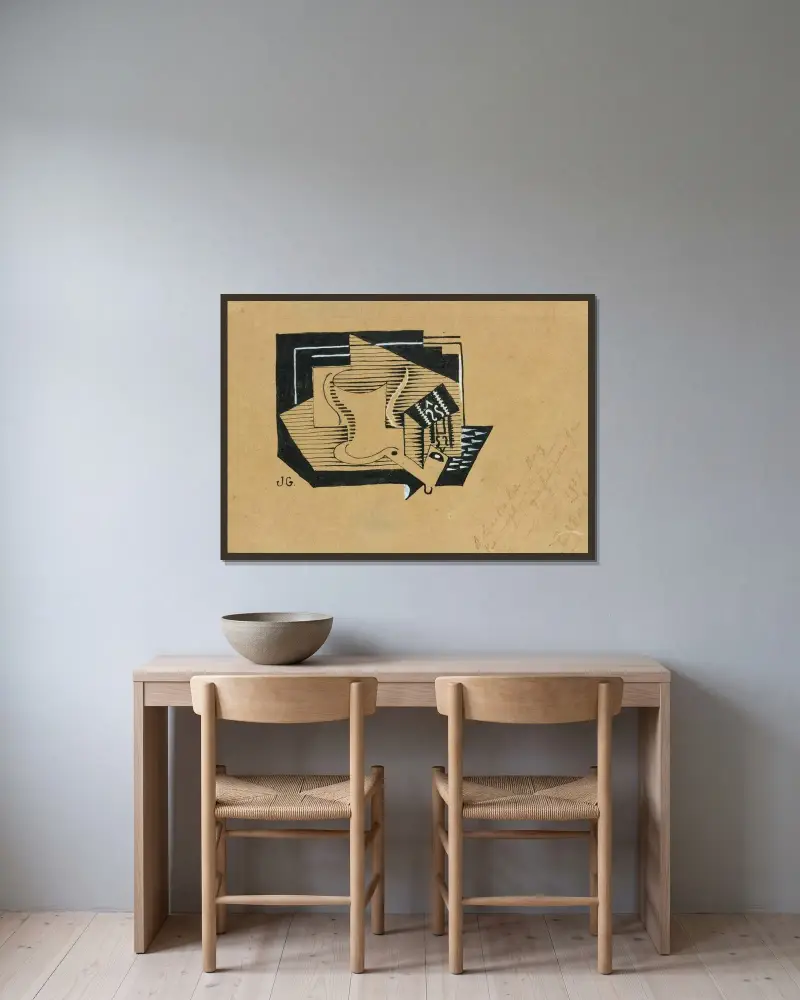 Stilleben med kompottfat av Juan Gris inramad på en vägg