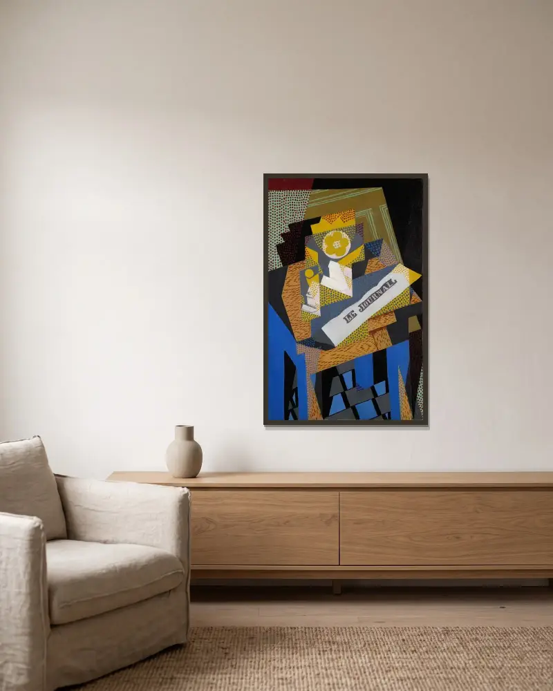 Tidning och fruktskål av Juan Gris inramad på en vägg