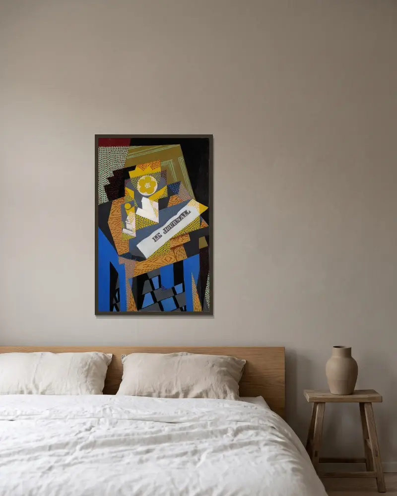 Tidning och fruktskål av Juan Gris inramad på en vägg