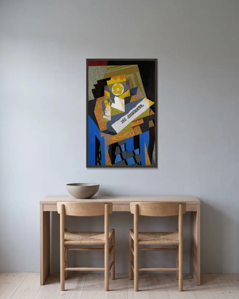 Tidning och fruktskål av Juan Gris inramad på en vägg