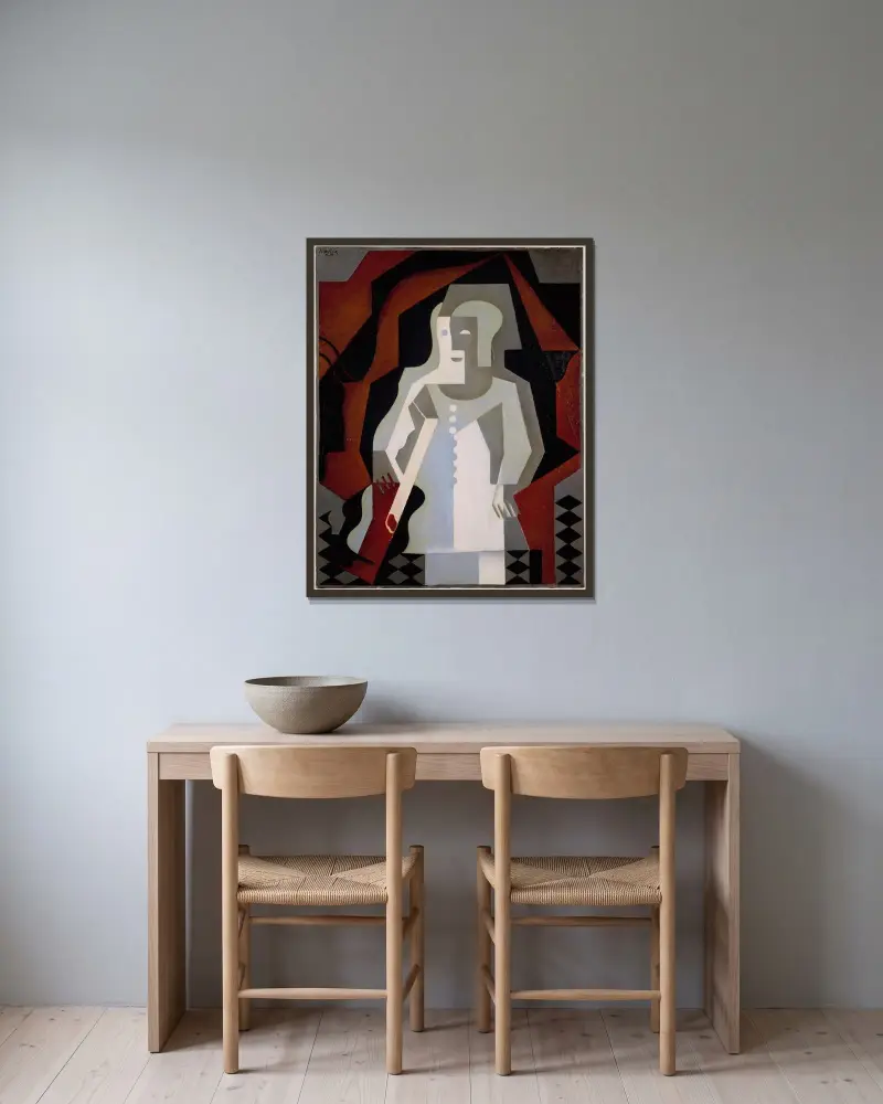 Pierrot med gitarr av Juan Gris inramad på en vägg