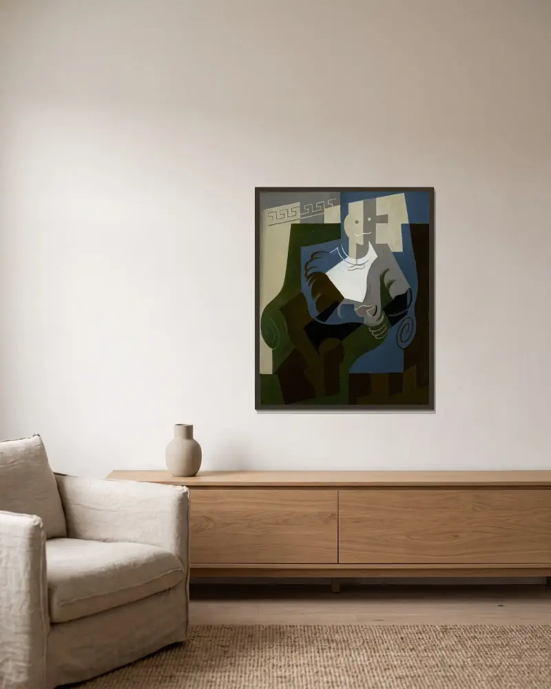 Sittande Harlekin av Juan Gris inramad på en vägg