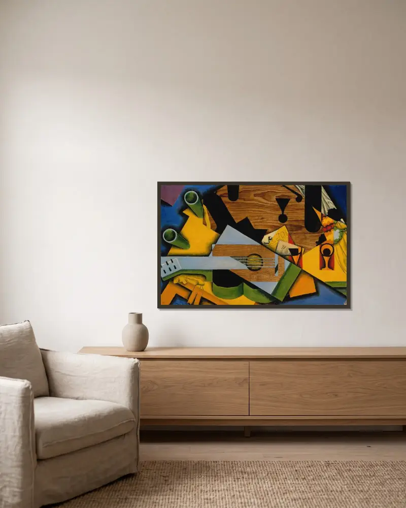 Stilleben med gitarr av Juan Gris inramad på en vägg