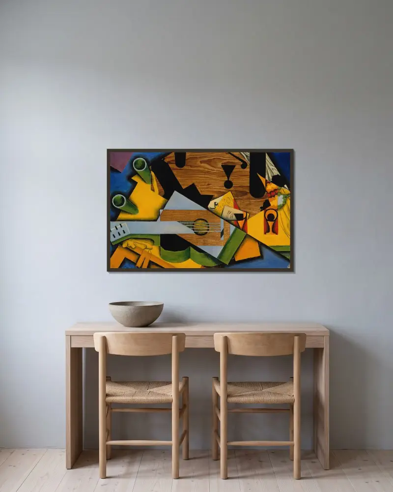 Stilleben med gitarr av Juan Gris inramad på en vägg