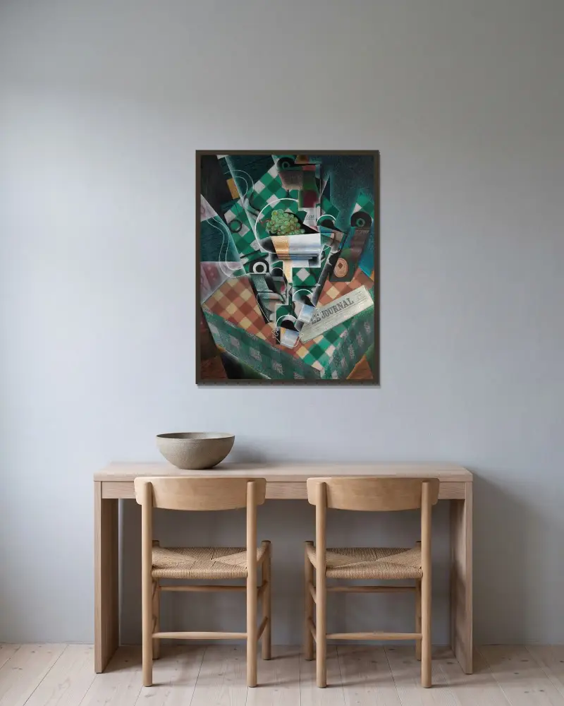 Stilleben med rutig bordsduk av Juan Gris inramad på en vägg