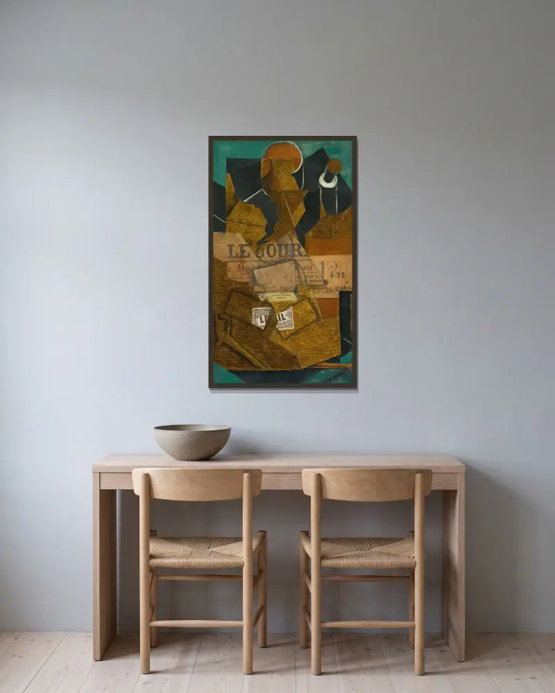Tobak, tidning och flaska rosévin av Juan Gris inramad på en vägg