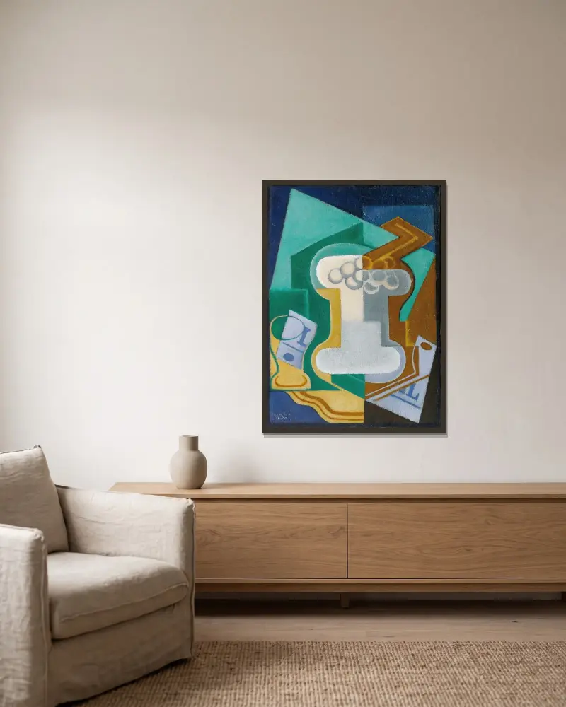 Glas och frukt av Juan Gris inramad på en vägg