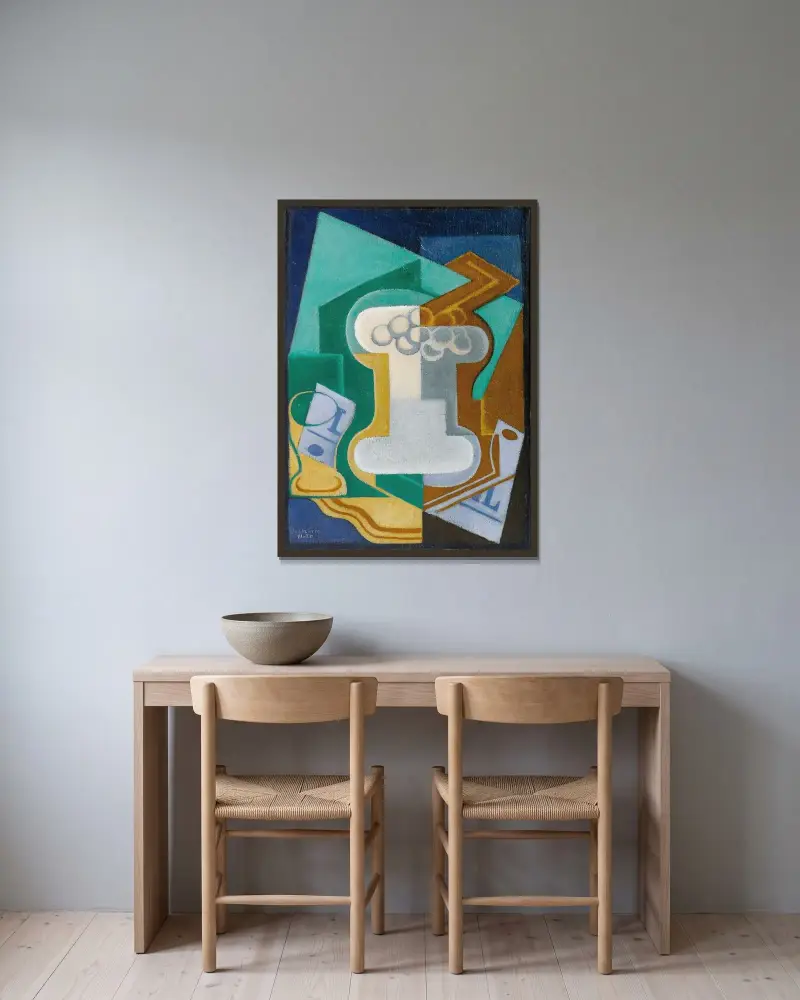 Glas och frukt av Juan Gris inramad på en vägg