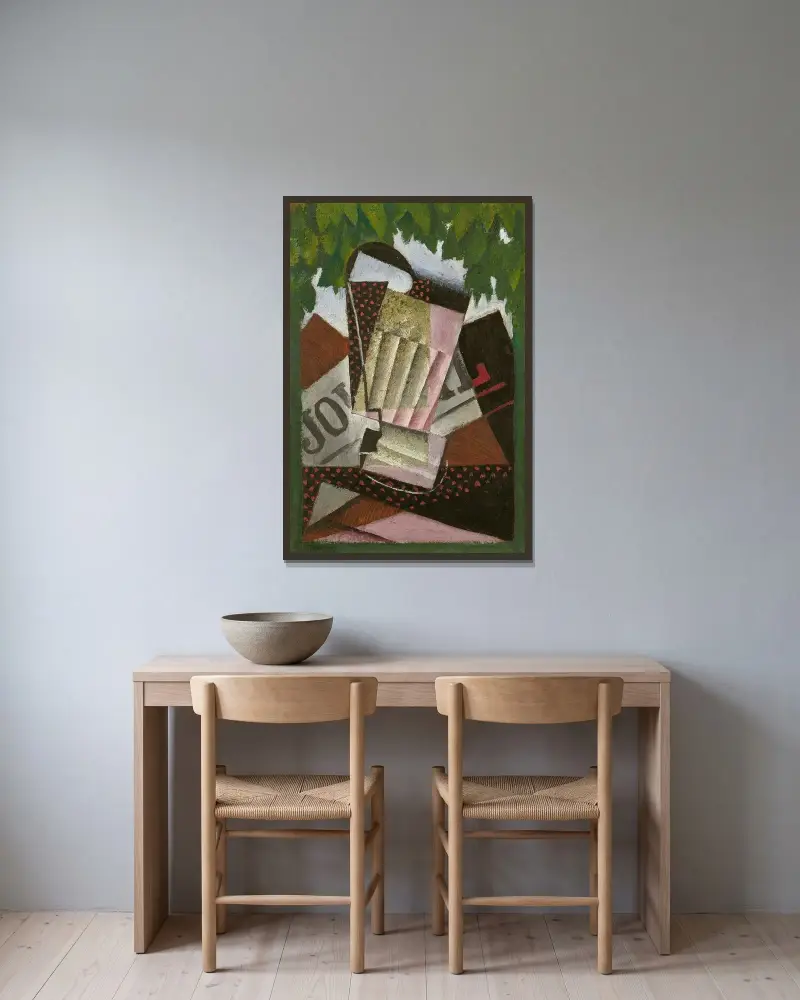 Verre, journal et feuillage av Juan Gris inramad på en vägg