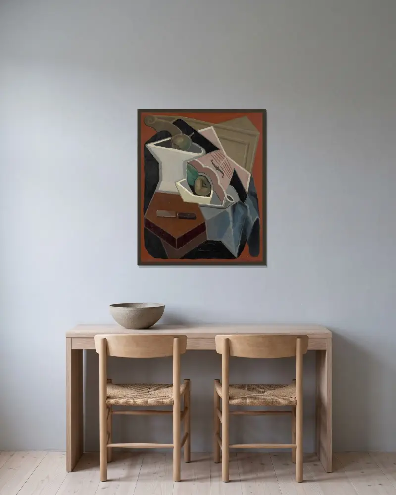 Violin och fruktskål av Juan Gris inramad på en vägg