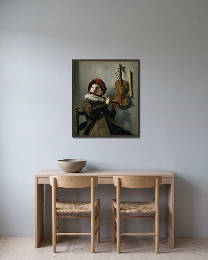 Boy playing the Flute av Judith Leyster inramad på en vägg