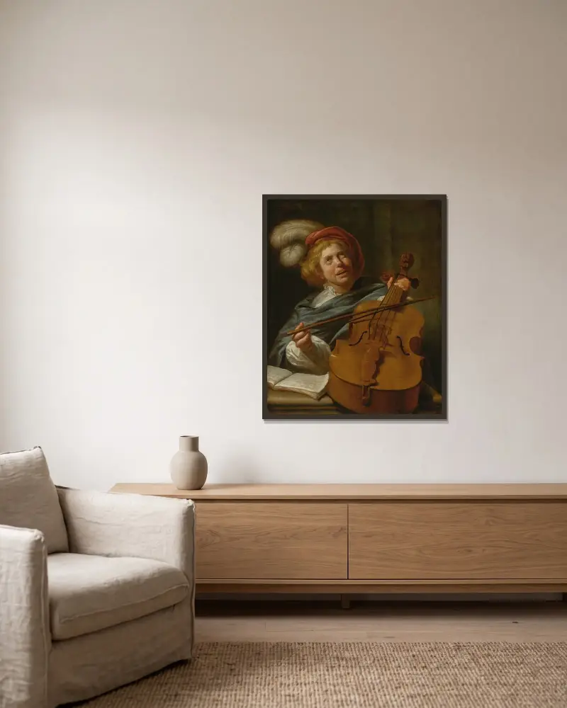 Cello Player av Judith Leyster inramad på en vägg