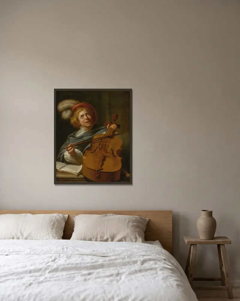 Cello Player av Judith Leyster inramad på en vägg