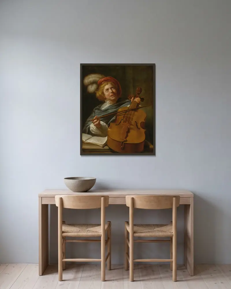 Cello Player av Judith Leyster inramad på en vägg