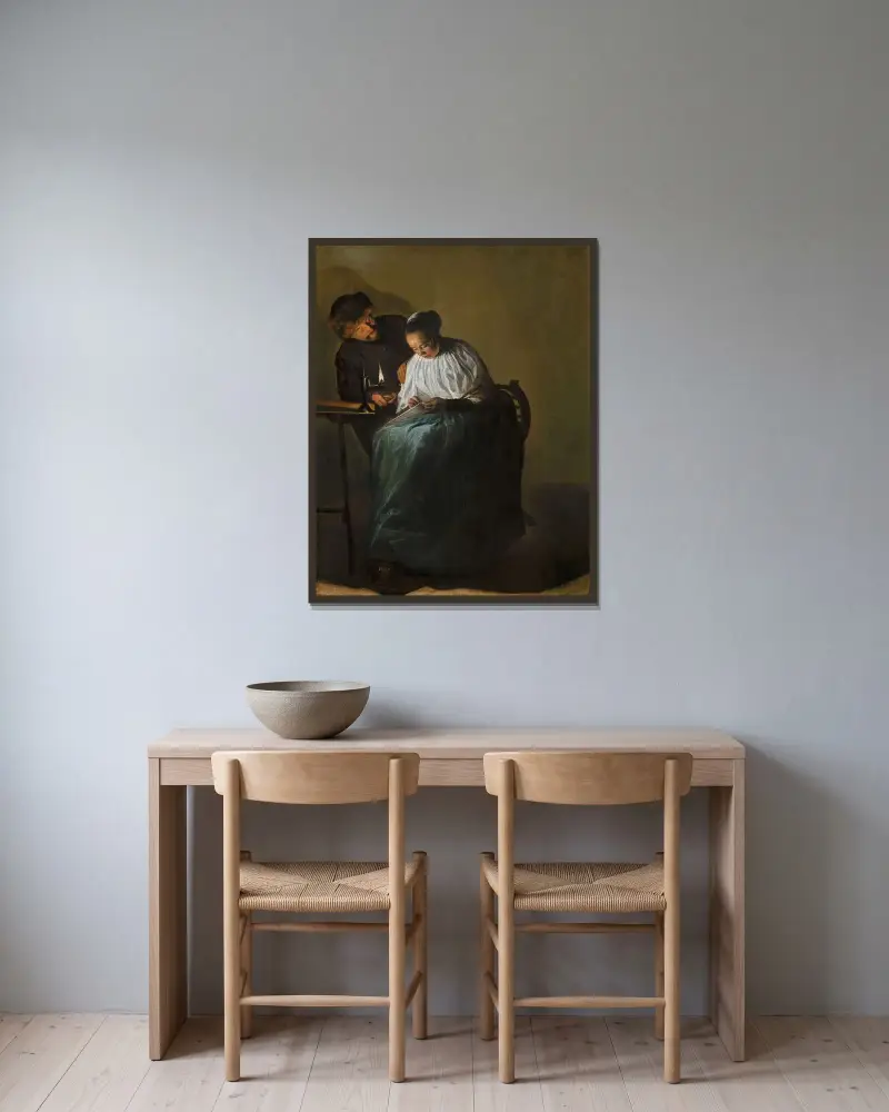Man Offering Money to a Young Woman av Judith Leyster inramad på en vägg