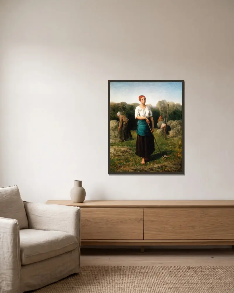 Flicka med kratta av Jules Breton inramad på en vägg