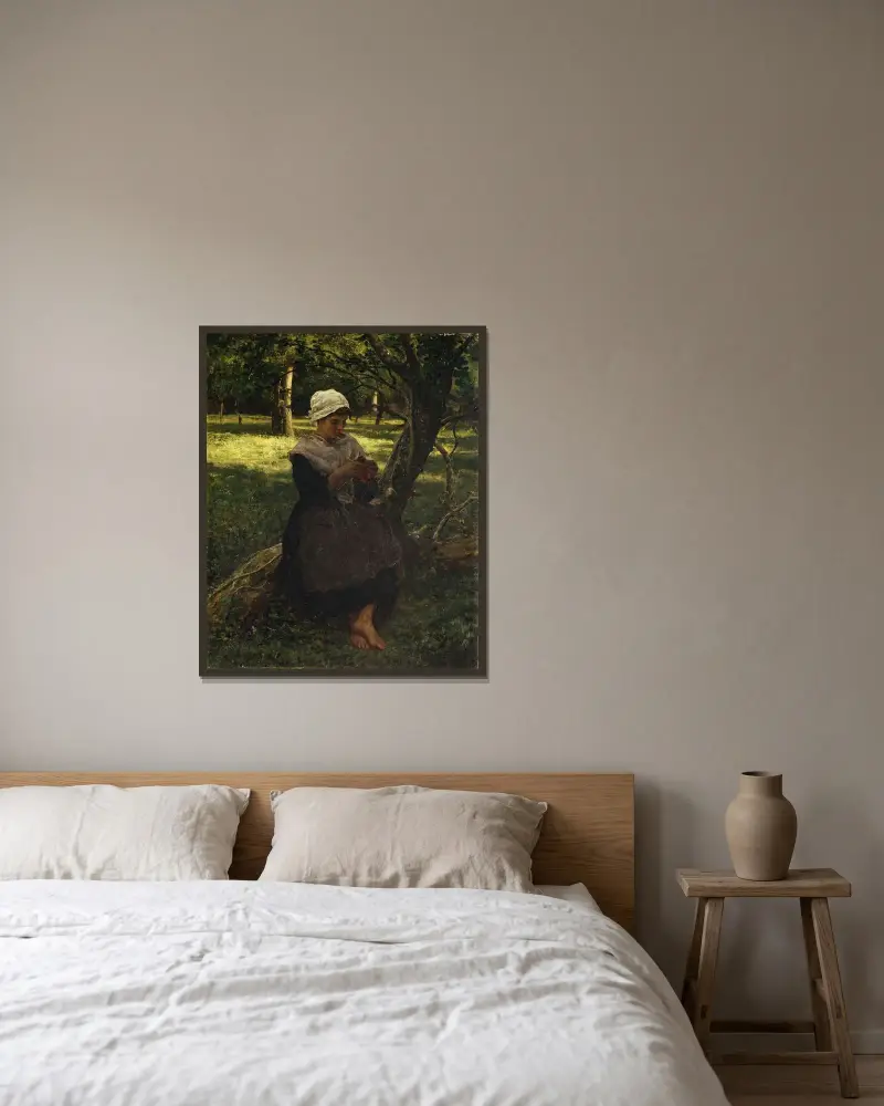 En bondflicka som stickar av Jules Breton inramad på en vägg