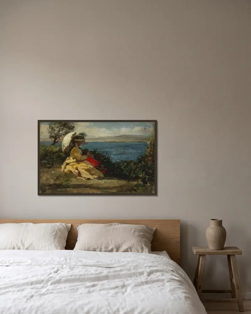 Kvinna med parasoll, Douarnenez-bukten av Jules Breton inramad på en vägg