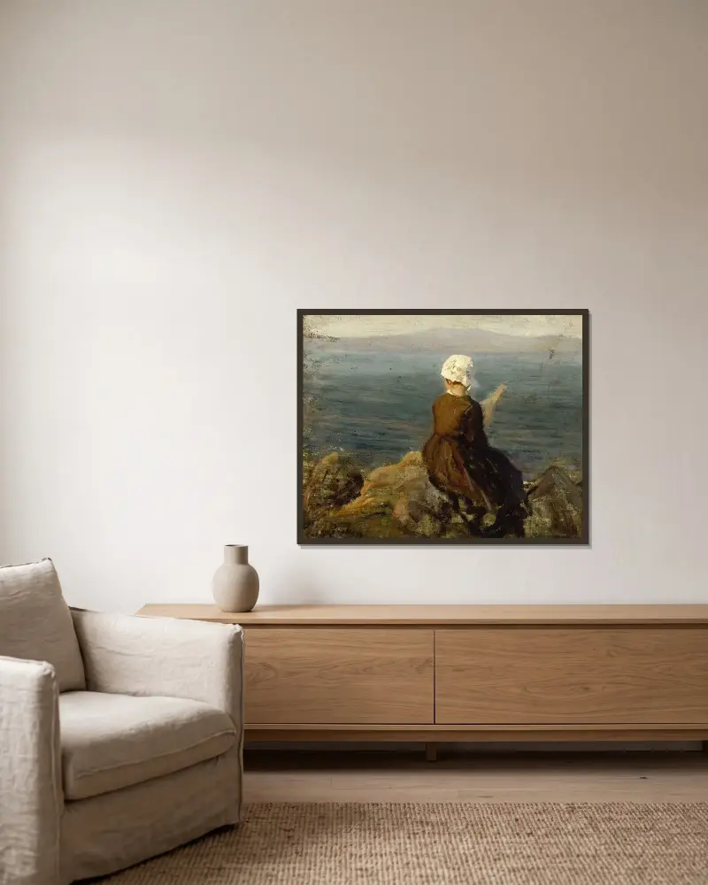 Spinnande kvinna på klipporna vid Douarnenez av Jules Breton inramad på en vägg