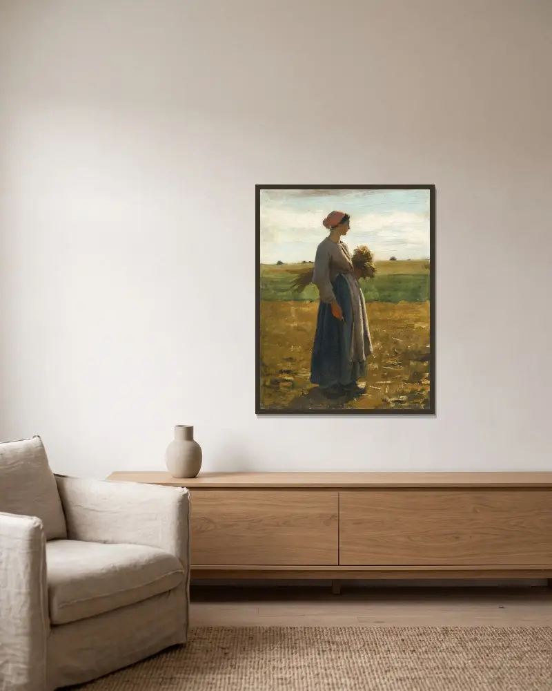 Ung kvinna på fälten av Jules Breton inramad på en vägg