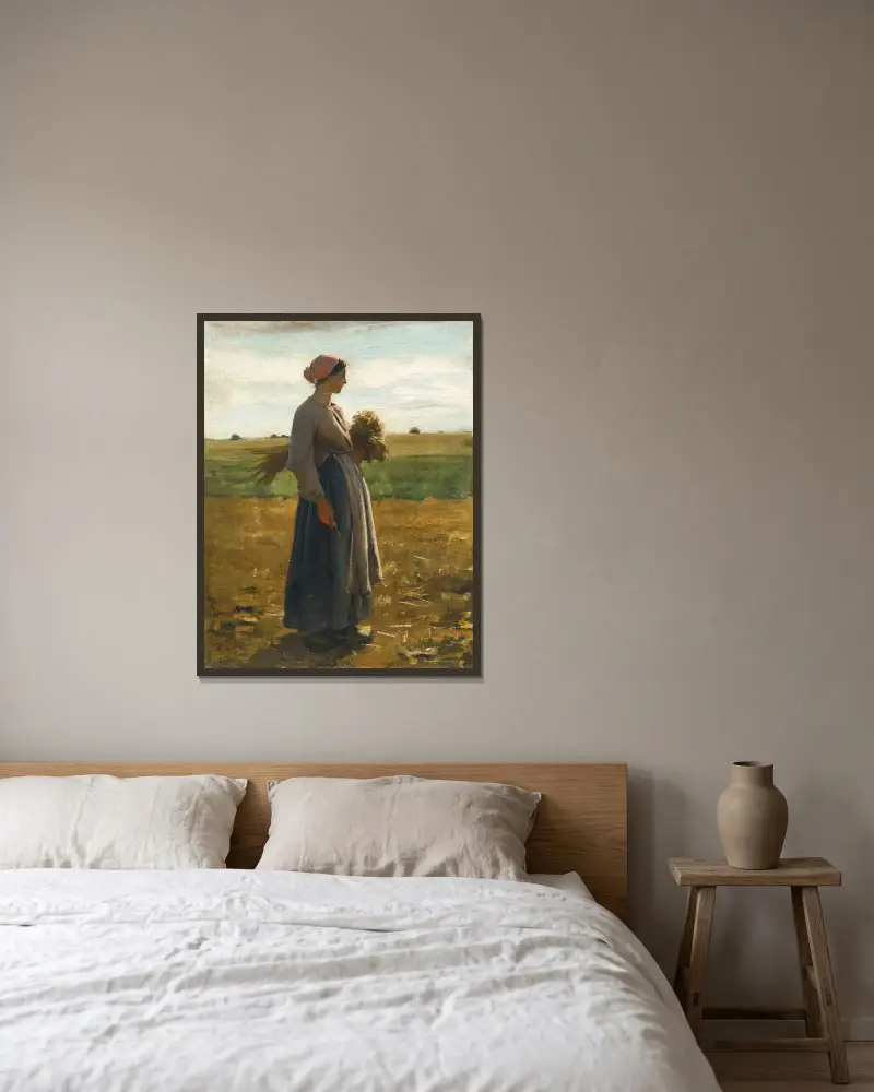 Ung kvinna på fälten av Jules Breton inramad på en vägg
