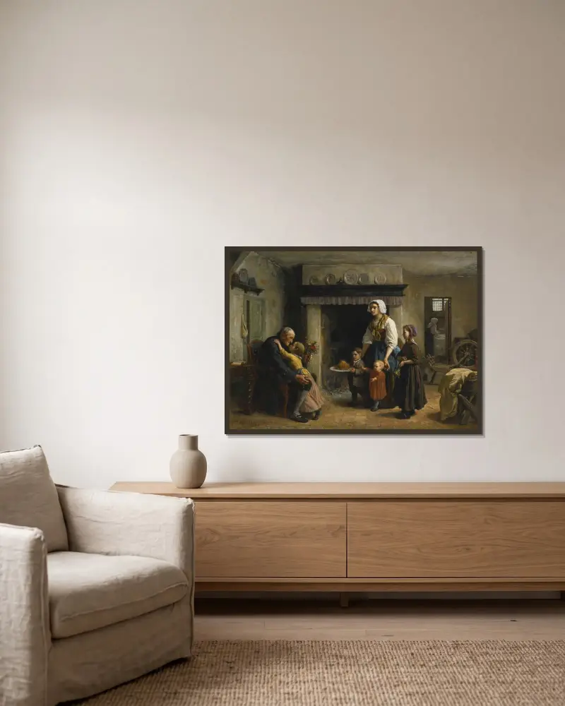 Farfars fest av Jules Breton inramad på en vägg