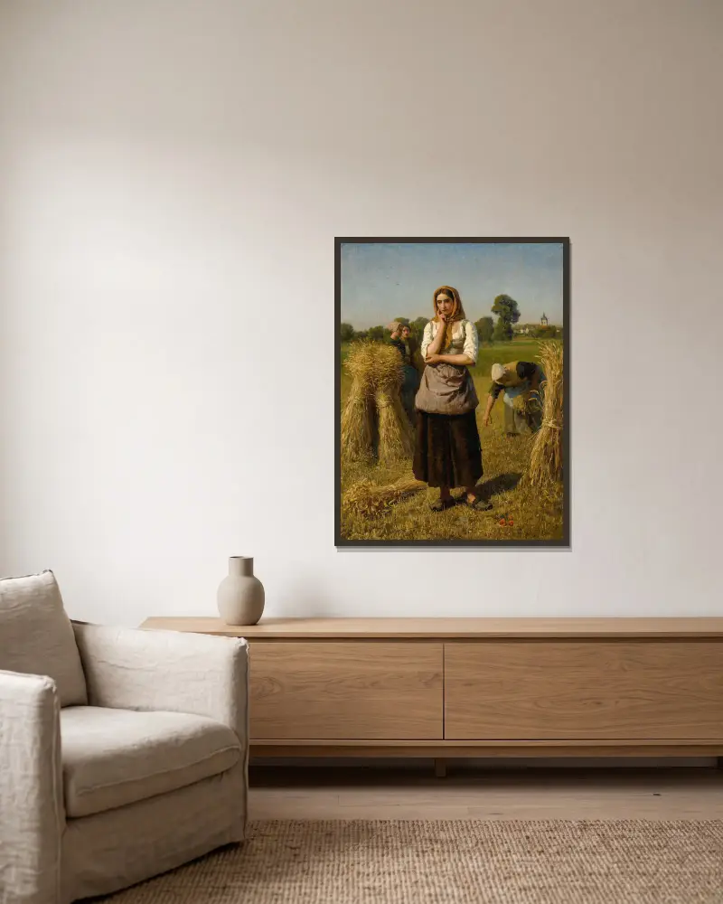 Žena sbírající klasy, Jules Breton v rámu na stěně