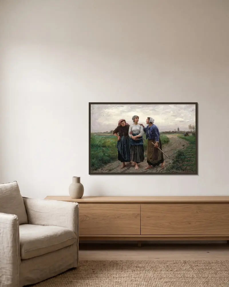 Vänninorna av Jules Breton inramad på en vägg