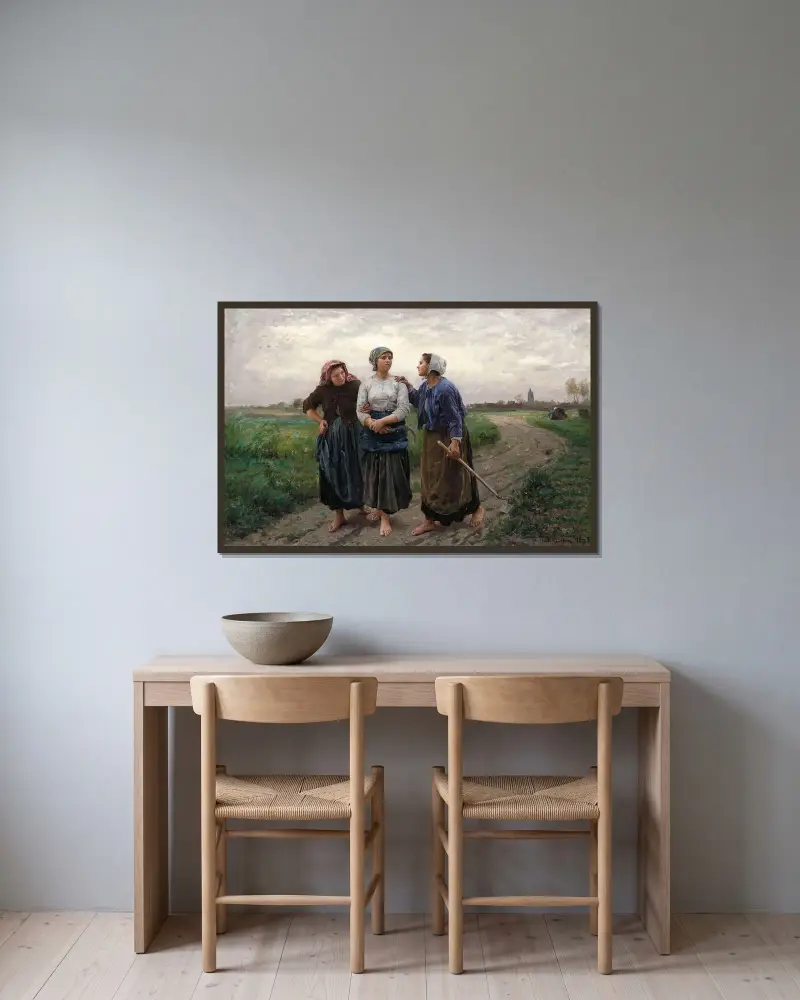 Vänninorna av Jules Breton inramad på en vägg