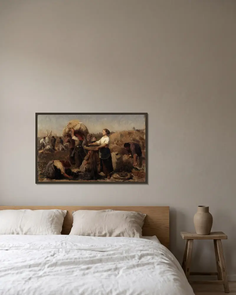 Vallmofält (studie) av Jules Breton inramad på en vägg