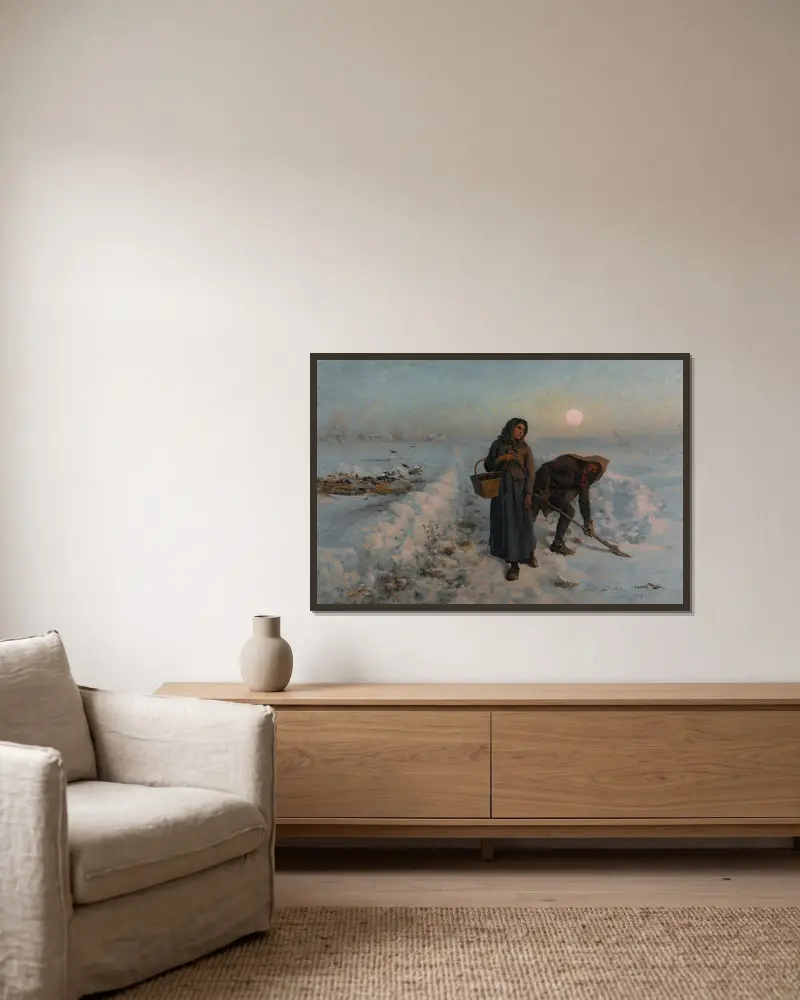 Sur la route en hiver; artois av Jules Breton inramad på en vägg