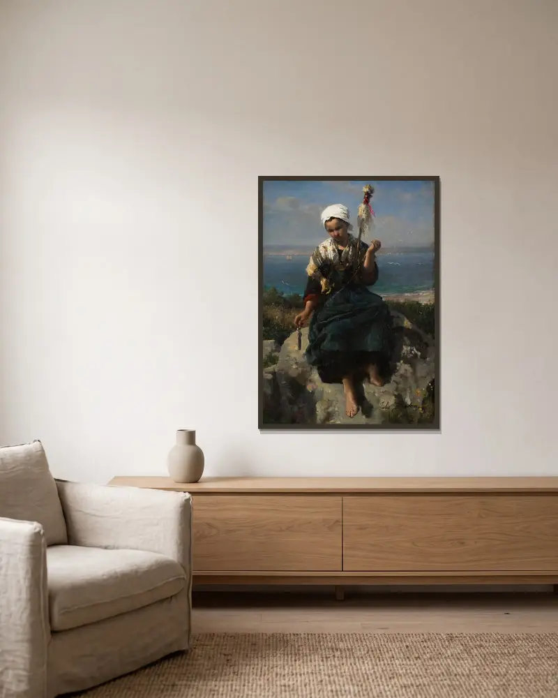 Linspinnerskan av Jules Breton inramad på en vägg