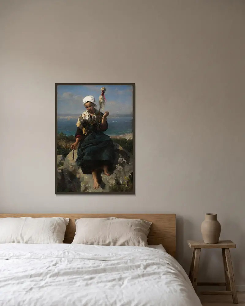 Linspinnerskan av Jules Breton inramad på en vägg